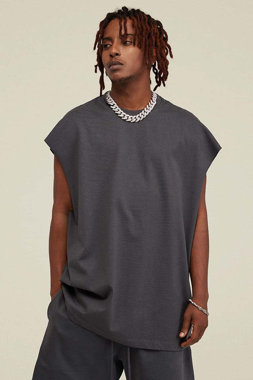 Heavyweight Relaxed Wide-Shoulder Cotton Sleeveless Top in Charcoal - front product view