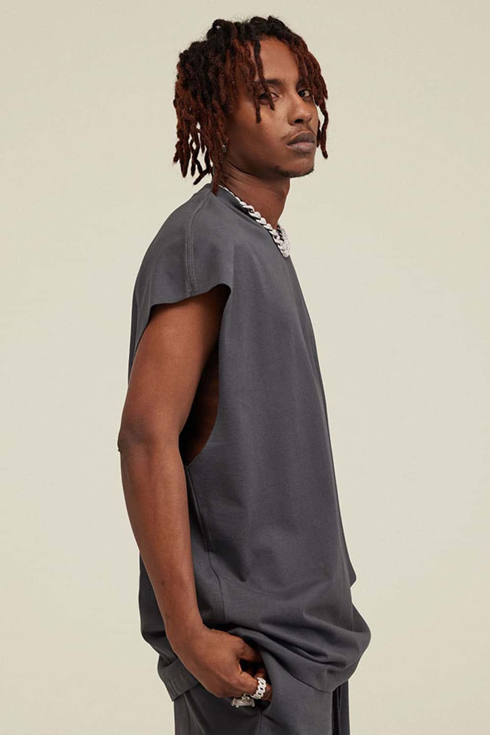 Heavyweight Relaxed Wide-Shoulder Cotton Sleeveless Top in Charcoal - side product view