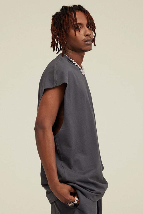 Heavyweight Relaxed Wide-Shoulder Cotton Sleeveless Top in Charcoal - side product view