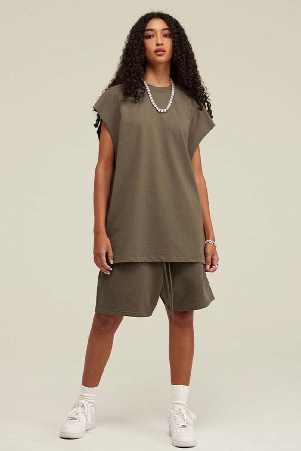 Heavyweight Relaxed Wide-Shoulder Cotton Sleeveless Top in Gray Brown - full-length front modeled view