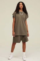 Heavyweight Relaxed Wide-Shoulder Cotton Sleeveless Top in Gray Brown - full-length front modeled view