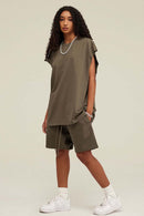 Heavyweight Relaxed Wide-Shoulder Cotton Sleeveless Top in Gray Brown - three-quarter front modeled view