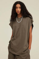 Heavyweight Relaxed Wide-Shoulder Cotton Sleeveless Top in Gray Brown - product detail close-up