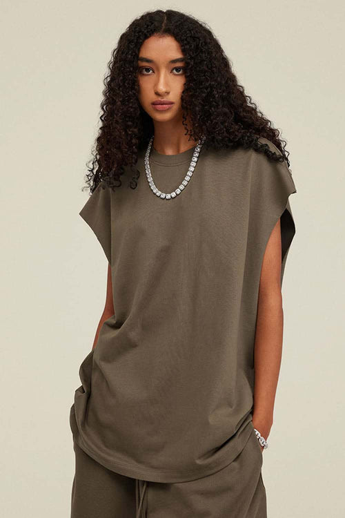 Heavyweight Relaxed Wide-Shoulder Cotton Sleeveless Top in Gray Brown - product detail close-up