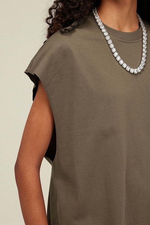 Heavyweight Relaxed Wide-Shoulder Cotton Sleeveless Top in Gray Brown - collar detail