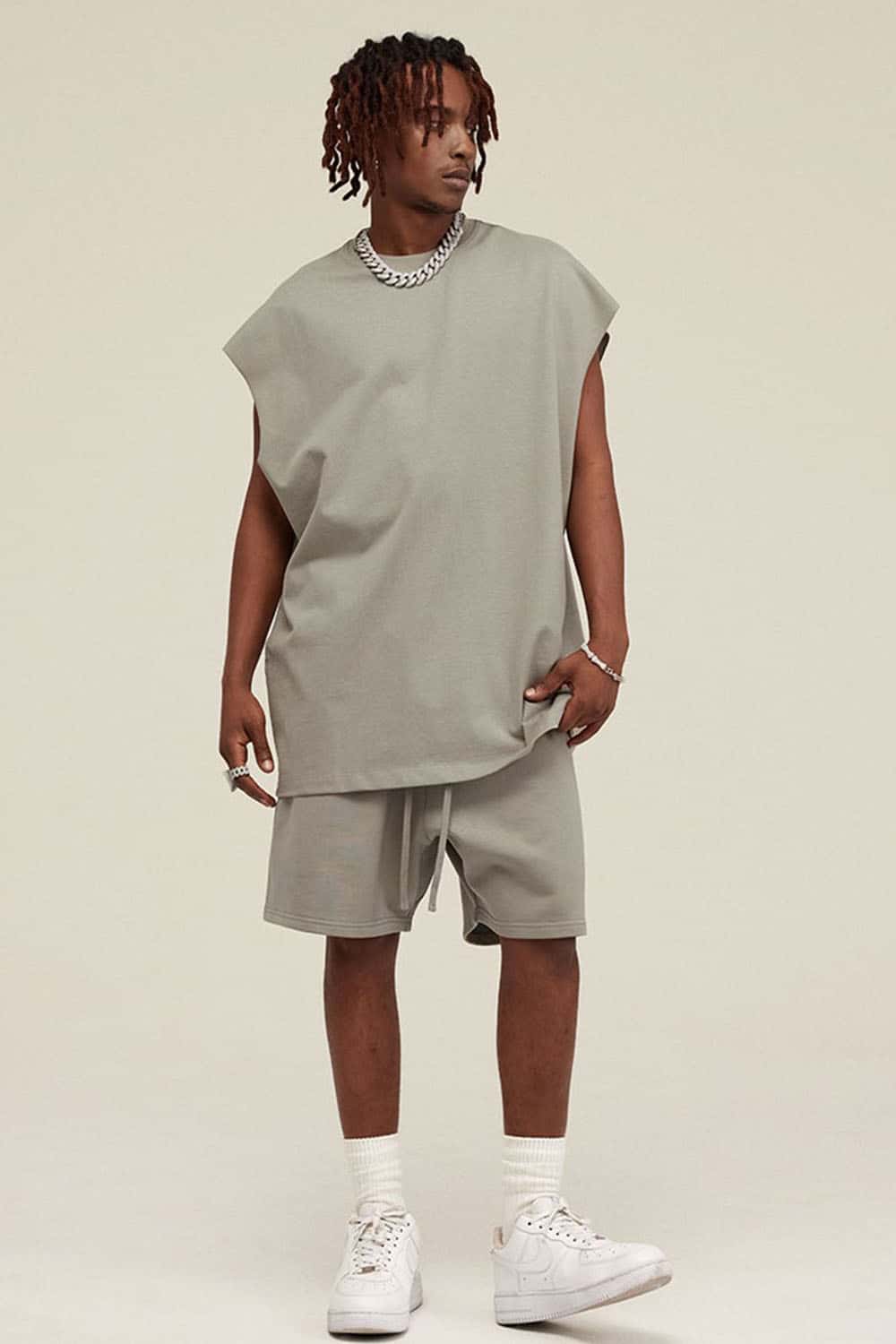 Heavyweight Relaxed Wide-Shoulder Cotton Sleeveless Top in Gray Camel - full-length front modeled view