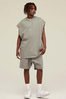 Heavyweight Relaxed Wide-Shoulder Cotton Sleeveless Top in Gray Camel - full-length front modeled view