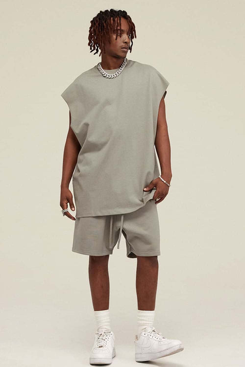 Heavyweight Relaxed Wide-Shoulder Cotton Sleeveless Top in Gray Camel - full-length front modeled view