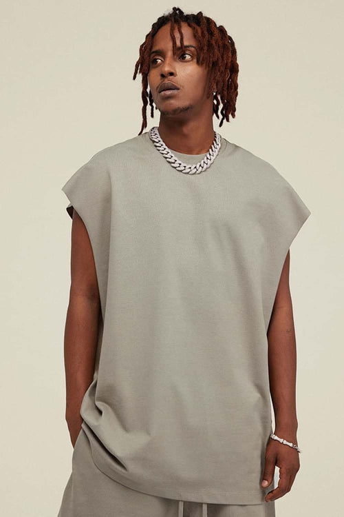 Heavyweight Relaxed Wide-Shoulder Cotton Sleeveless Top in Gray Camel - front product view