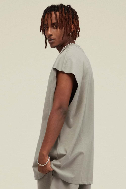 Heavyweight Relaxed Wide-Shoulder Cotton Sleeveless Top in Gray Camel - side product view