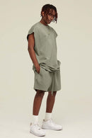 Heavyweight Relaxed Wide-Shoulder Cotton Sleeveless Top in Grayish Green - three-quarter front modeled view