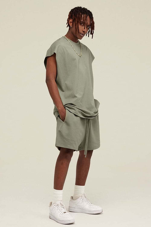 Heavyweight Relaxed Wide-Shoulder Cotton Sleeveless Top in Grayish Green - three-quarter front modeled view