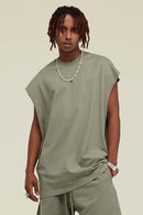 Heavyweight Relaxed Wide-Shoulder Cotton Sleeveless Top in Grayish Green - front product view