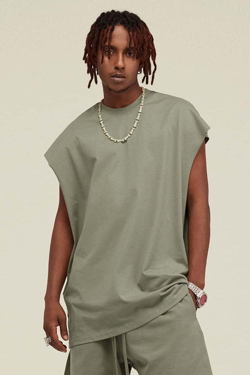 Heavyweight Relaxed Wide-Shoulder Cotton Sleeveless Top in Grayish Green - front product view