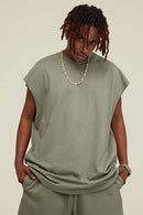 Heavyweight Relaxed Wide-Shoulder Cotton Sleeveless Top in Grayish Green - front product view