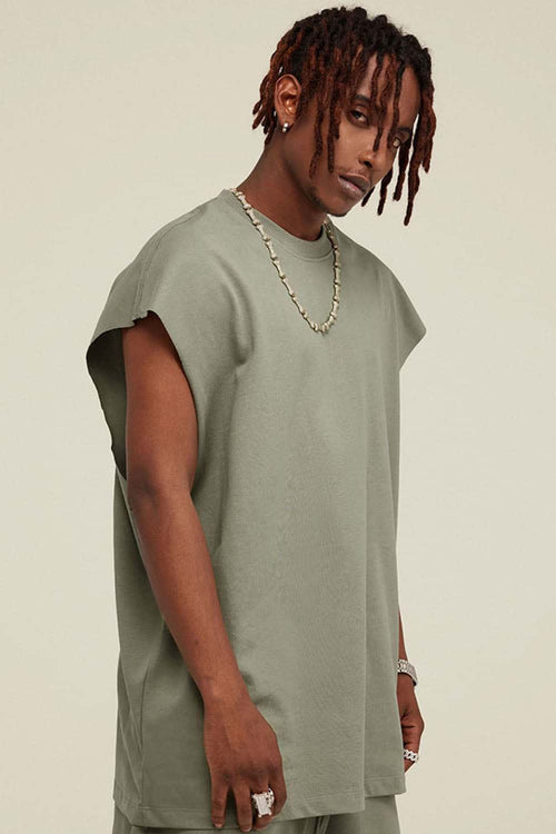 Heavyweight Relaxed Wide-Shoulder Cotton Sleeveless Top in Grayish Green - side product view