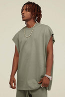 Heavyweight Relaxed Wide-Shoulder Cotton Sleeveless Top in Grayish Green - side product view