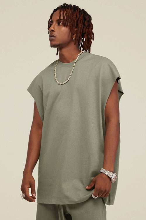Heavyweight Relaxed Wide-Shoulder Cotton Sleeveless Top in Grayish Green - side product view