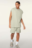 Heavyweight Relaxed Wide-Shoulder Cotton Sleeveless Top in Halo Green - three-quarter front modeled view
