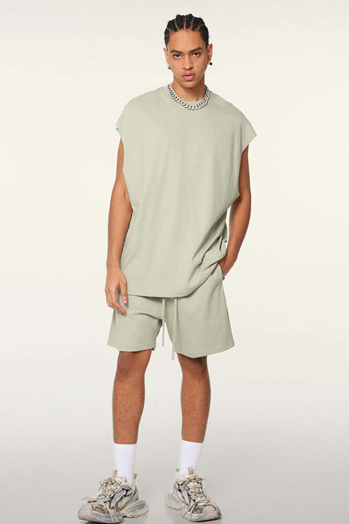 Heavyweight Relaxed Wide-Shoulder Cotton Sleeveless Top in Halo Green - full-length front modeled view