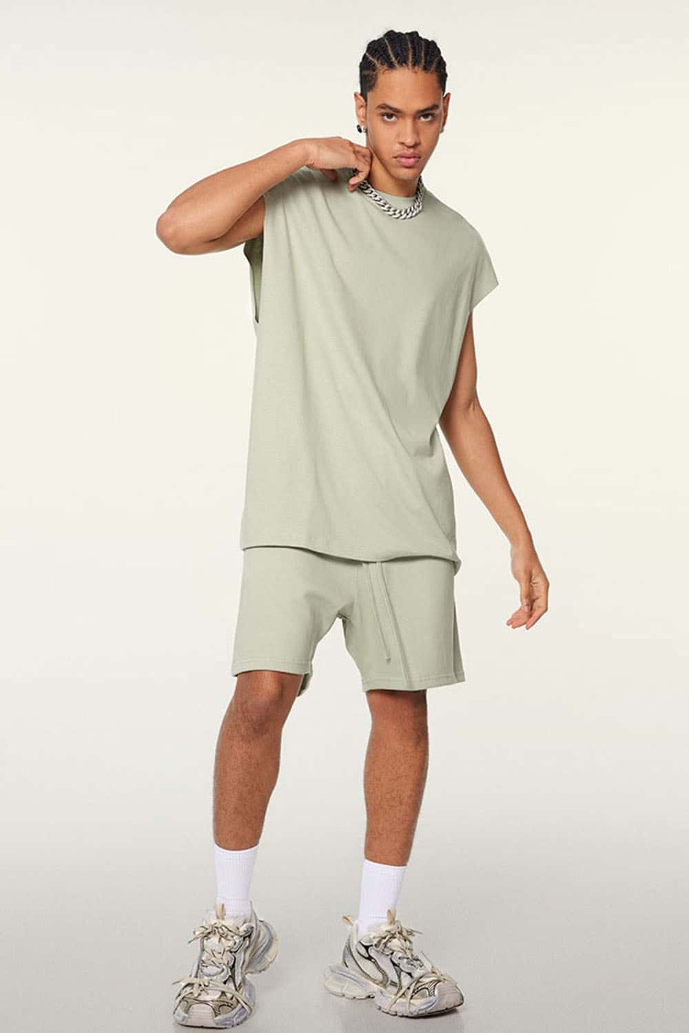 Heavyweight Relaxed Wide-Shoulder Cotton Sleeveless Top in Halo Green - full-length front modeled view