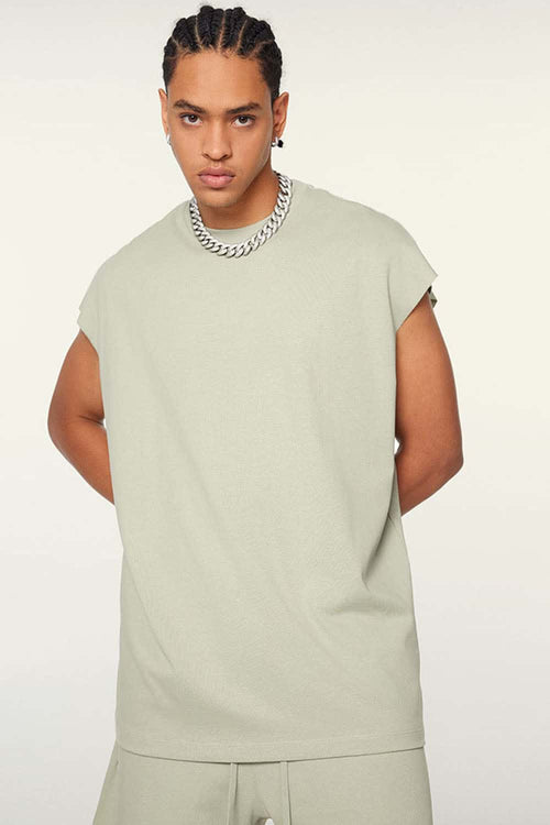 Heavyweight Relaxed Wide-Shoulder Cotton Sleeveless Top in Halo Green - front product view