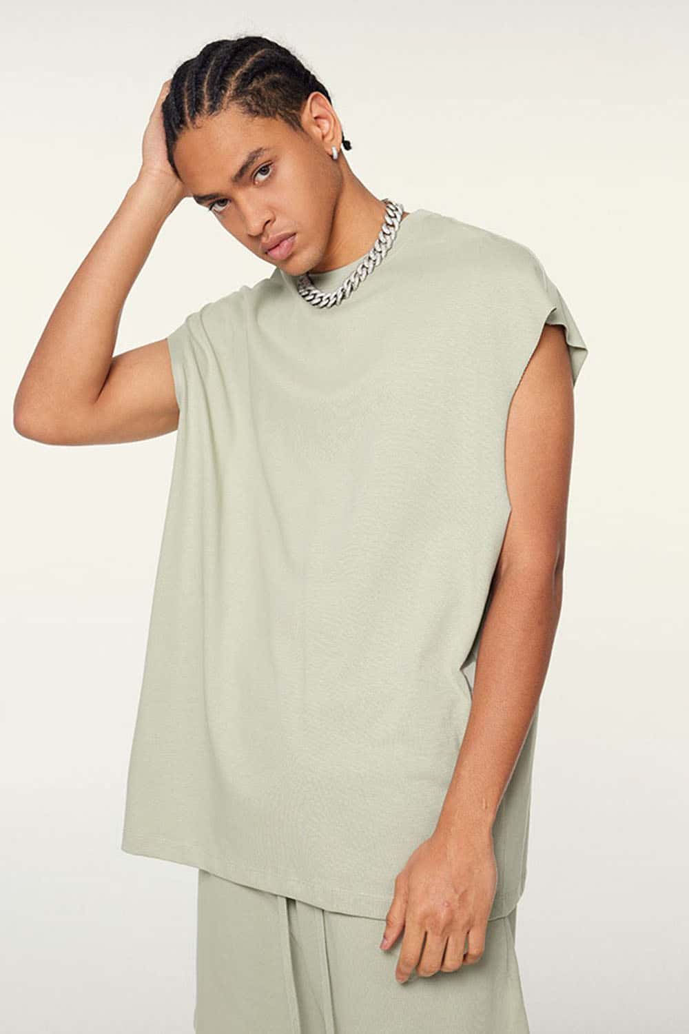 Heavyweight Relaxed Wide-Shoulder Cotton Sleeveless Top in Halo Green - front product view