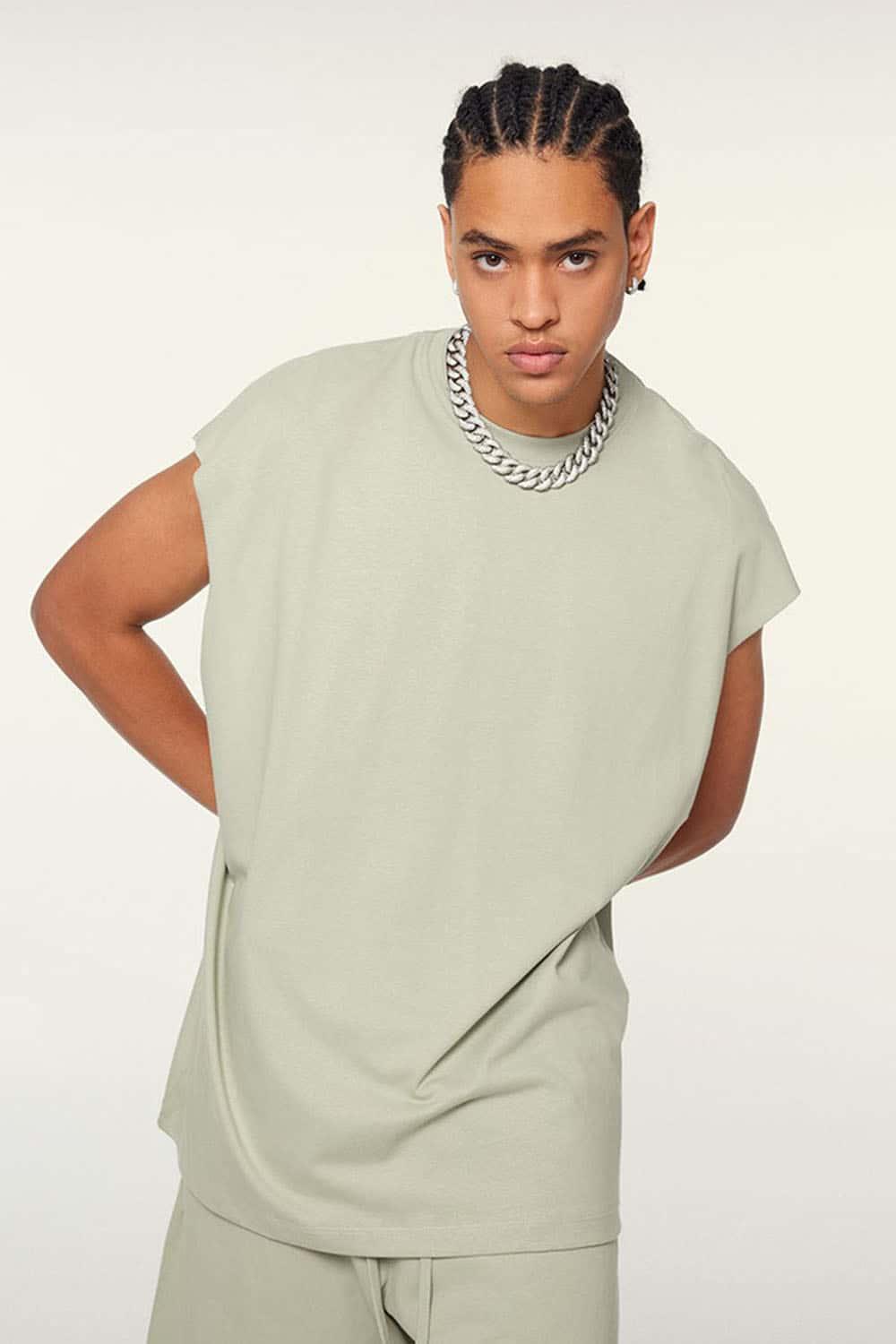 Heavyweight Relaxed Wide-Shoulder Cotton Sleeveless Top in Halo Green - front product view