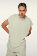 Heavyweight Relaxed Wide-Shoulder Cotton Sleeveless Top in Halo Green - front product view