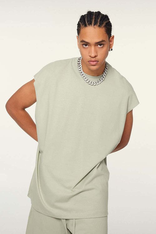 Heavyweight Relaxed Wide-Shoulder Cotton Sleeveless Top in Halo Green - front product view