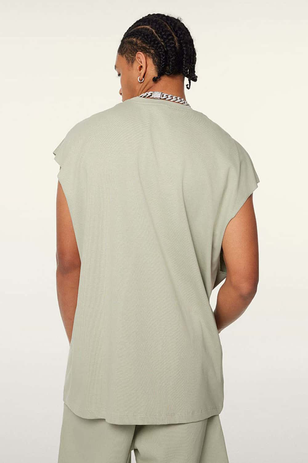 Heavyweight Relaxed Wide-Shoulder Cotton Sleeveless Top in Halo Green - back product view