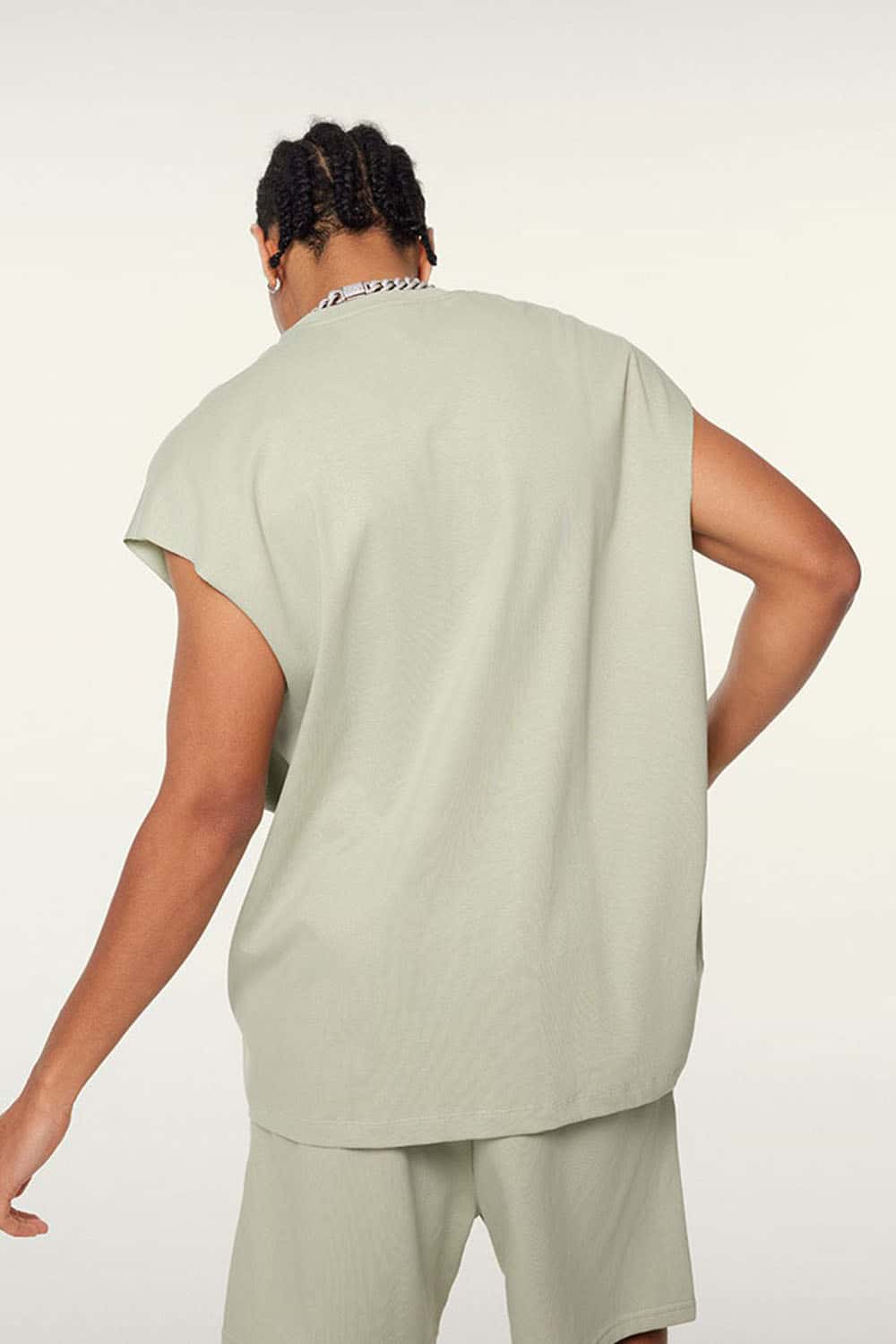 Heavyweight Relaxed Wide-Shoulder Cotton Sleeveless Top in Halo Green - back product view