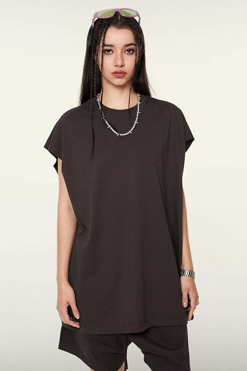 Heavyweight Relaxed Wide-Shoulder Cotton Sleeveless Top in Plum Purple - front product view