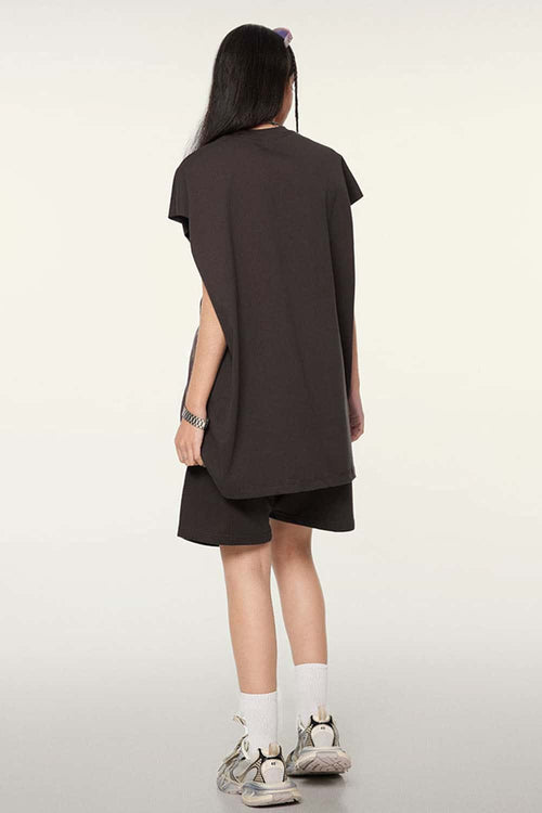 Heavyweight Relaxed Wide-Shoulder Cotton Sleeveless Top in Plum Purple - full-length back modeled view