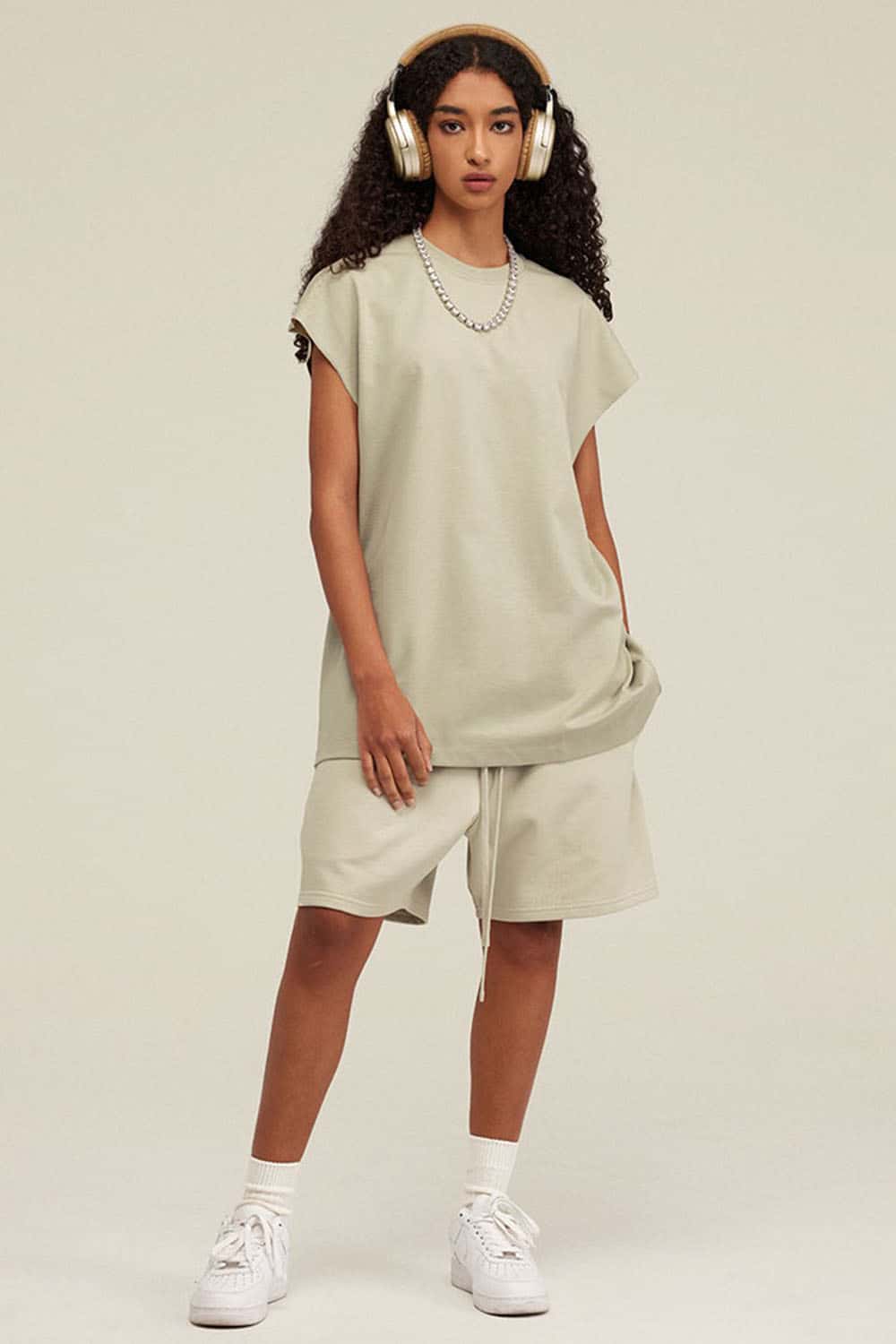 Heavyweight Relaxed Wide-Shoulder Cotton Sleeveless Top in Sand - full-length front modeled view