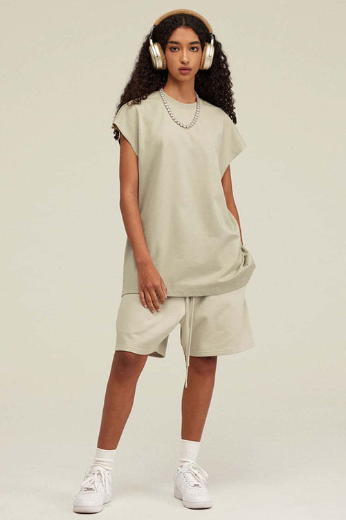 Heavyweight Relaxed Wide-Shoulder Cotton Sleeveless Top in Sand - full-length front modeled view