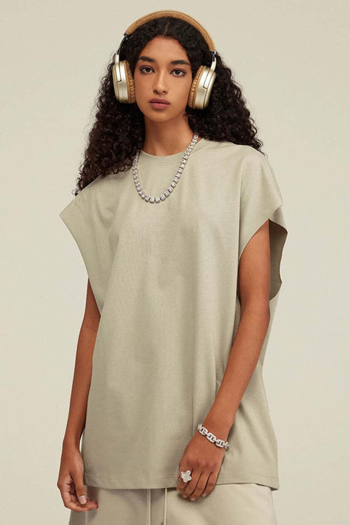 Heavyweight Relaxed Wide-Shoulder Cotton Sleeveless Top in Sand - front product view