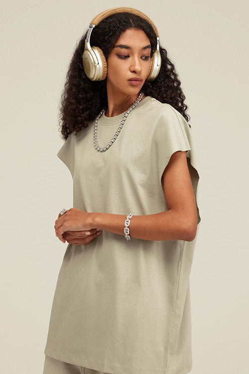 Heavyweight Relaxed Wide-Shoulder Cotton Sleeveless Top in Sand - side product view