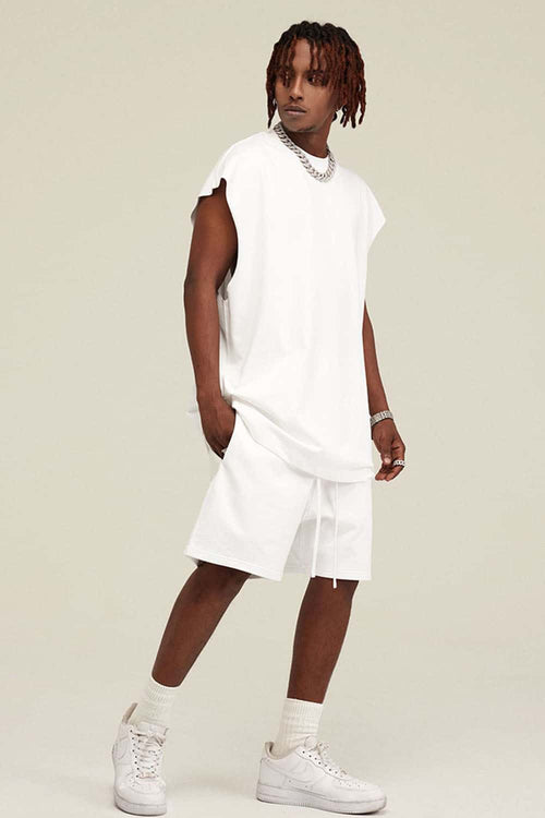 Heavyweight Relaxed Wide-Shoulder Cotton Sleeveless Top in White - three-quarter front modeled view