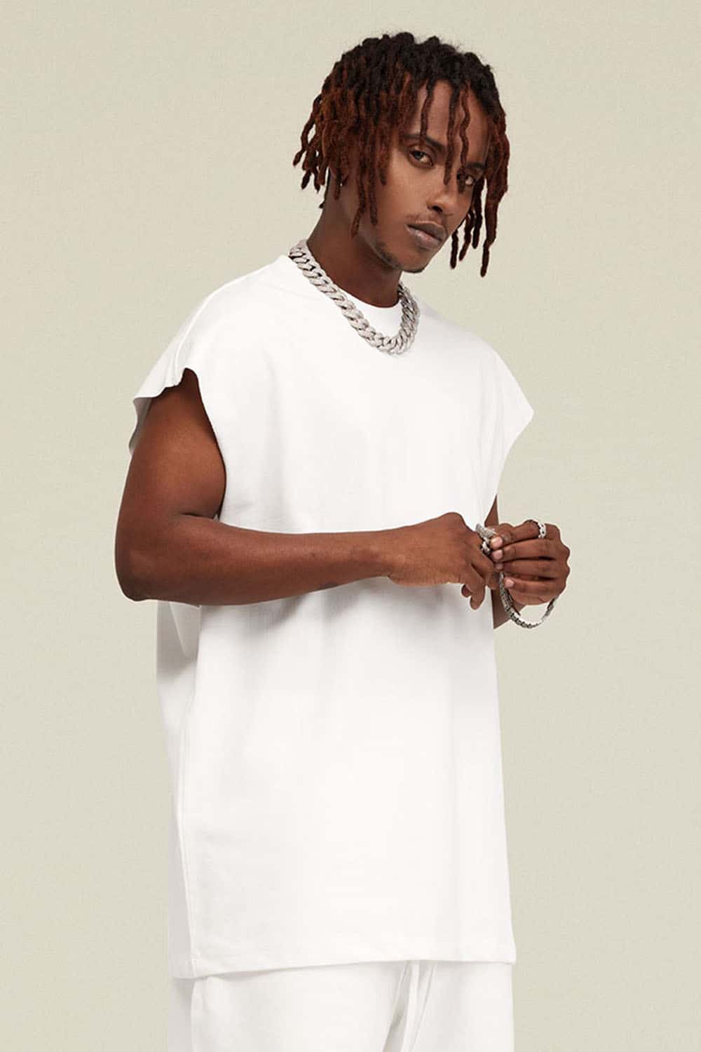 Heavyweight Relaxed Wide-Shoulder Cotton Sleeveless Top in White - front product view
