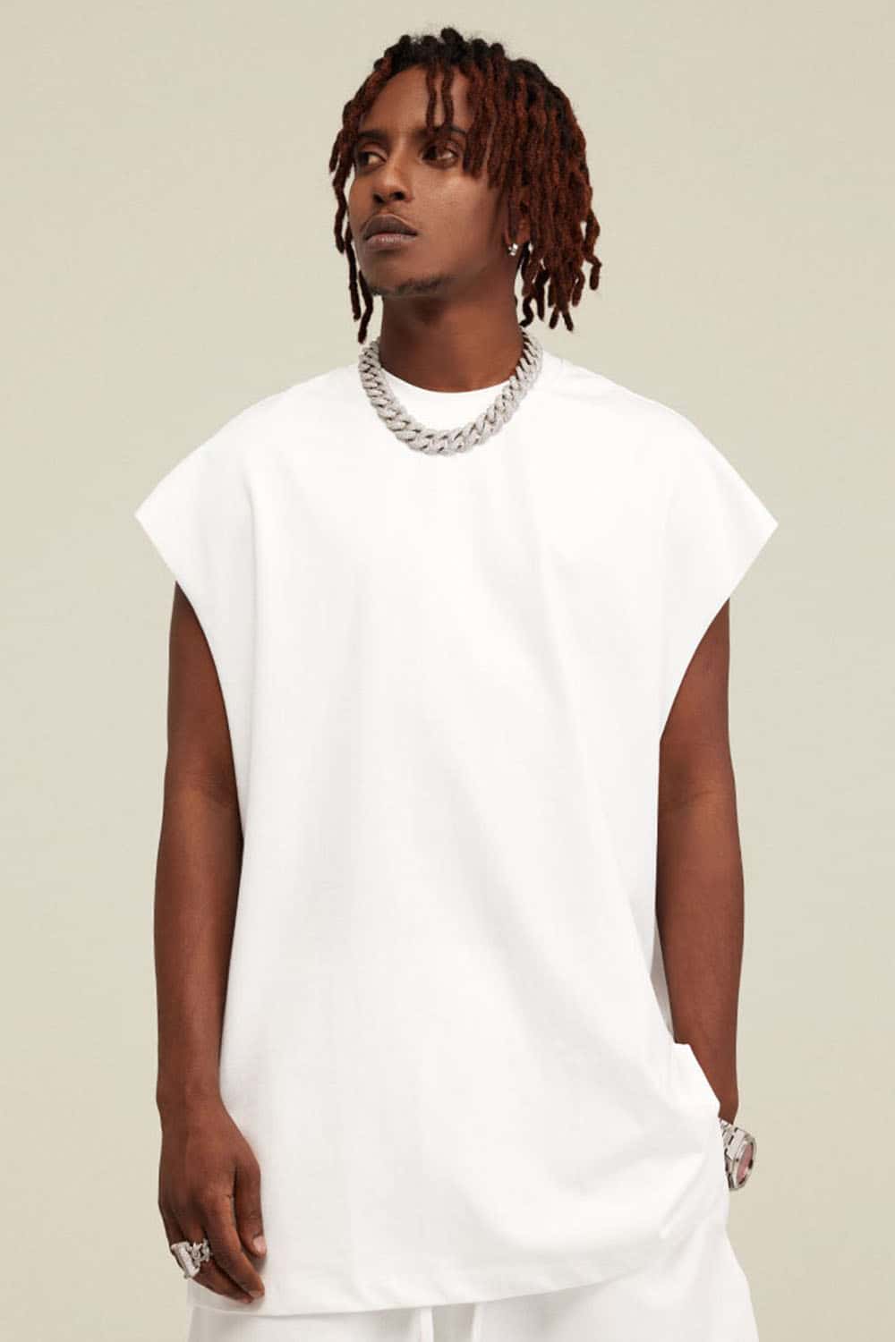 Heavyweight Relaxed Wide-Shoulder Cotton Sleeveless Top in White - front product view