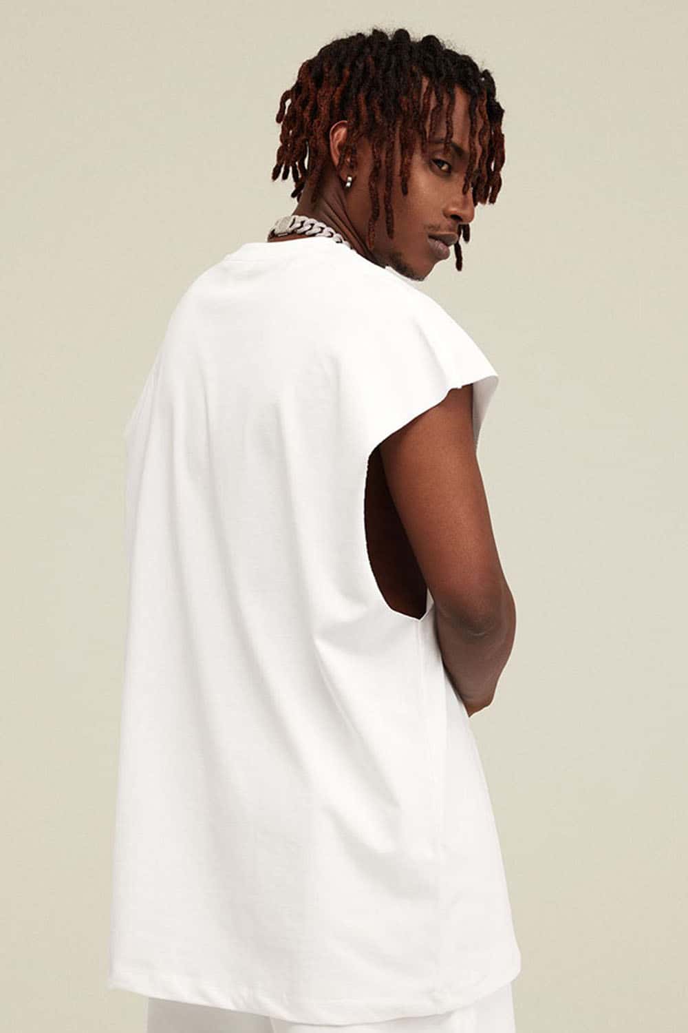 Heavyweight Relaxed Wide-Shoulder Cotton Sleeveless Top in White - back product view