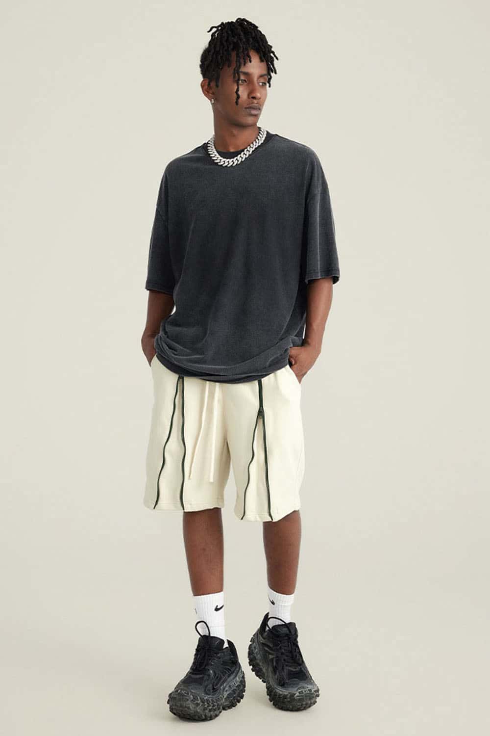 Washed Gradient Cotton Relaxed Drop-Shoulder T-Shirt in Black - full-length front modeled view