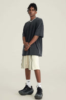Washed Gradient Cotton Relaxed Drop-Shoulder T-Shirt in Black - full-length front modeled view