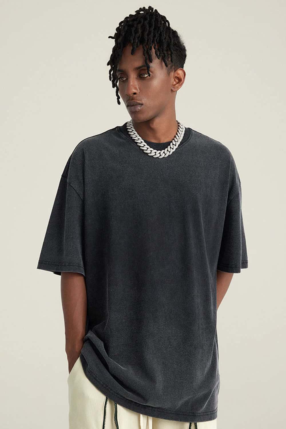 Washed Gradient Cotton Relaxed Drop-Shoulder T-Shirt in Black - front product view