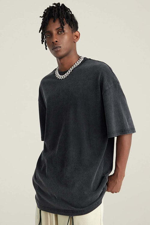Washed Gradient Cotton Relaxed Drop-Shoulder T-Shirt in Black - front product view
