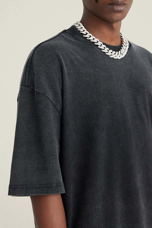 Washed Gradient Cotton Relaxed Drop-Shoulder T-Shirt in Black - product detail close-up