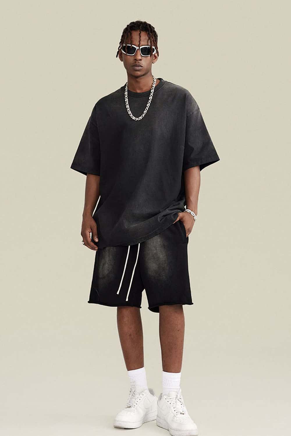 Washed Gradient Cotton Relaxed Drop-Shoulder T-Shirt in Black - full-length front modeled view