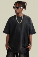 Washed Gradient Cotton Relaxed Drop-Shoulder T-Shirt in Black - front modeled view