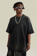 Washed Gradient Cotton Relaxed Drop-Shoulder T-Shirt in Black - three-quarter front modeled view